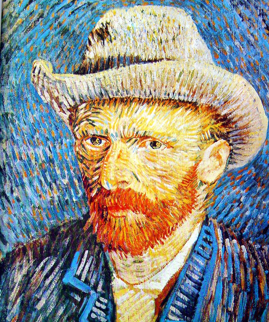 Pintura autoretrato de Vincent, con sombrero gris y saco azul