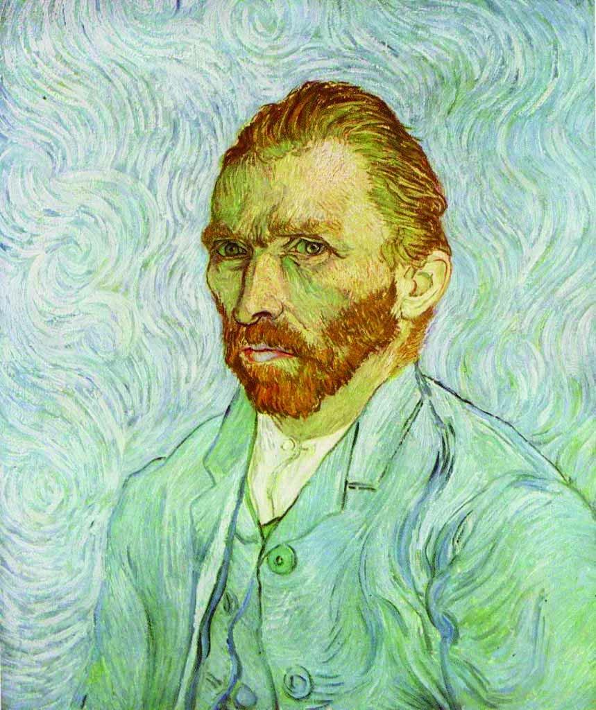 Pintura de autorretrato de Vincent sobre un fondo con pinceladas celestes