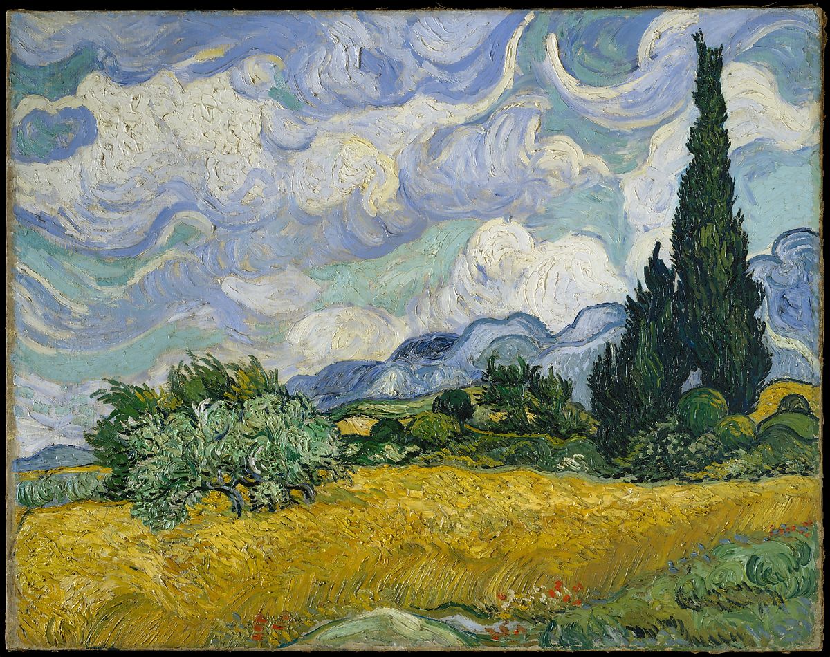 Pintura de un campo de trigo, con arboleda en tonos verdosos, un cielo con pinceladas en tonalidades celestes y blancas