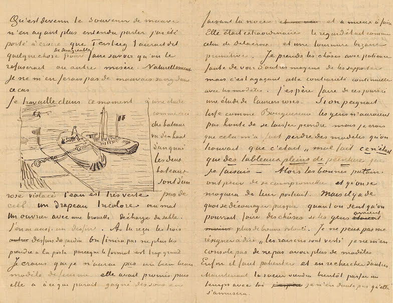 carta escrita por Van Gogh con boceto de dos botes