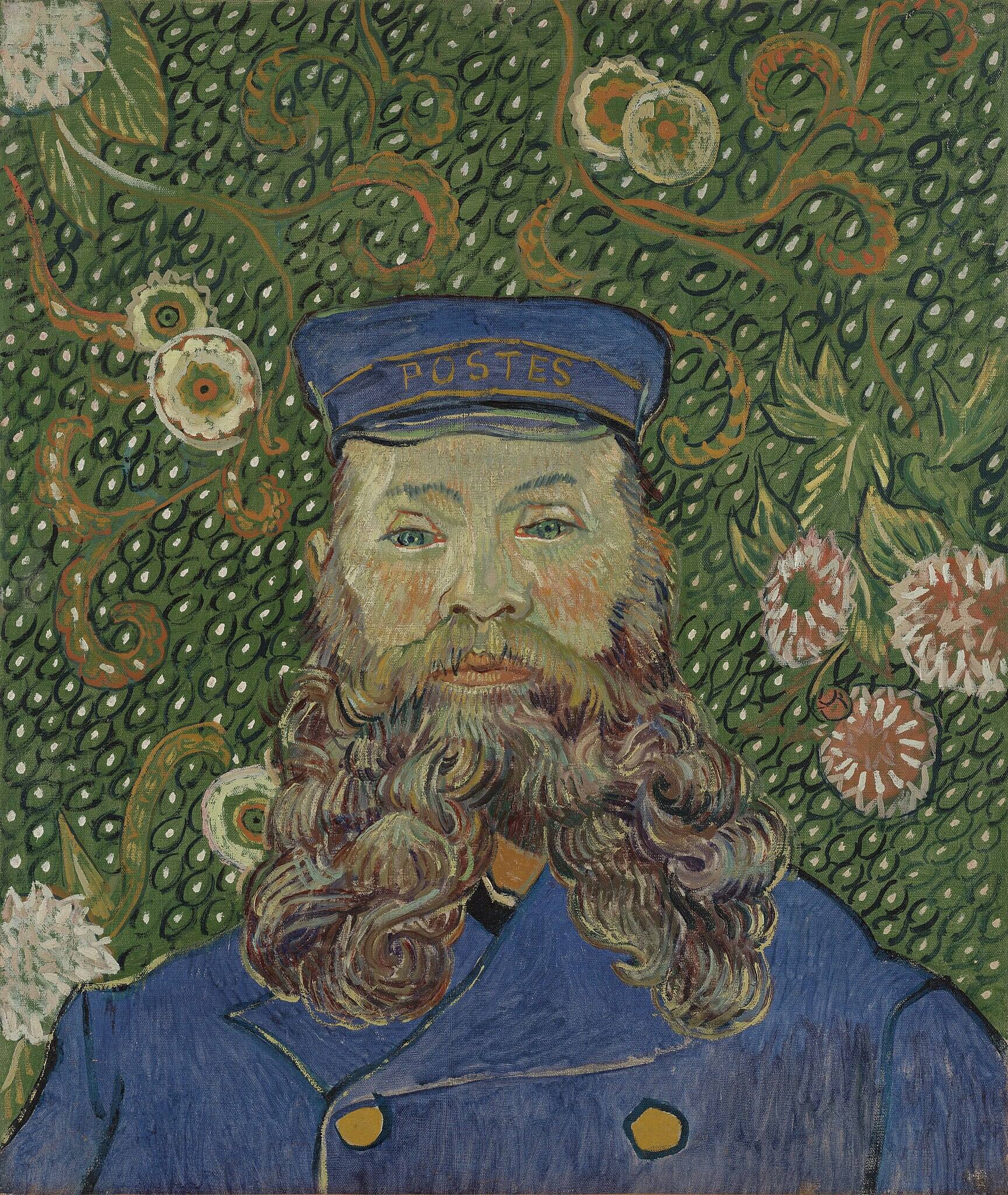 Retrato de Joseph Roulin (cartero), con gorra azul del uniforme y fondo verde floreado