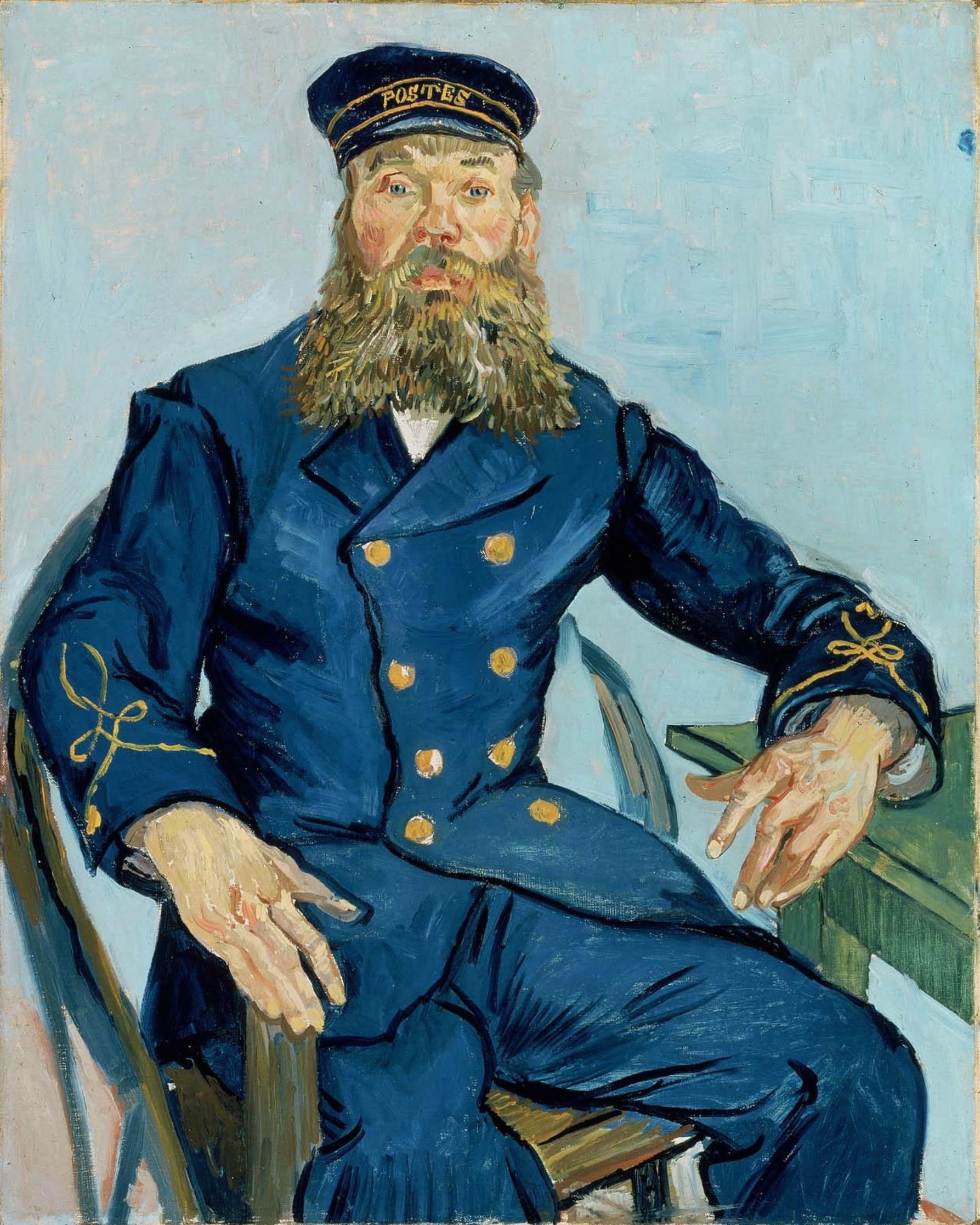 Pintura del cartero Joseph Roulin, con uniforme azul